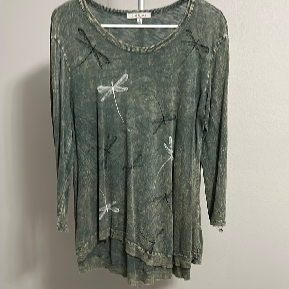 Green Asymmetrical Tunic with Dragonfly Print